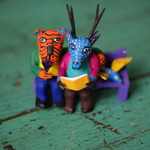 Tiny Carved Wooden Readers from Oaxaca Whimsical Zinnia Folk Arts Purple Bench  