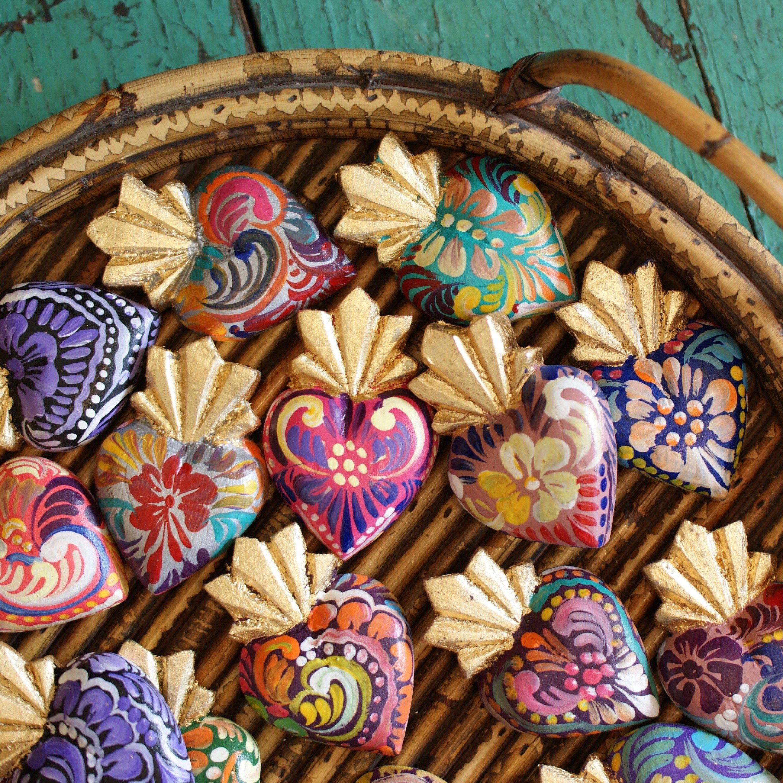 Tiny Painted Wooden Sacred Hearts religious Zinnia Folk Arts Guanajuato Tiny Hearts  