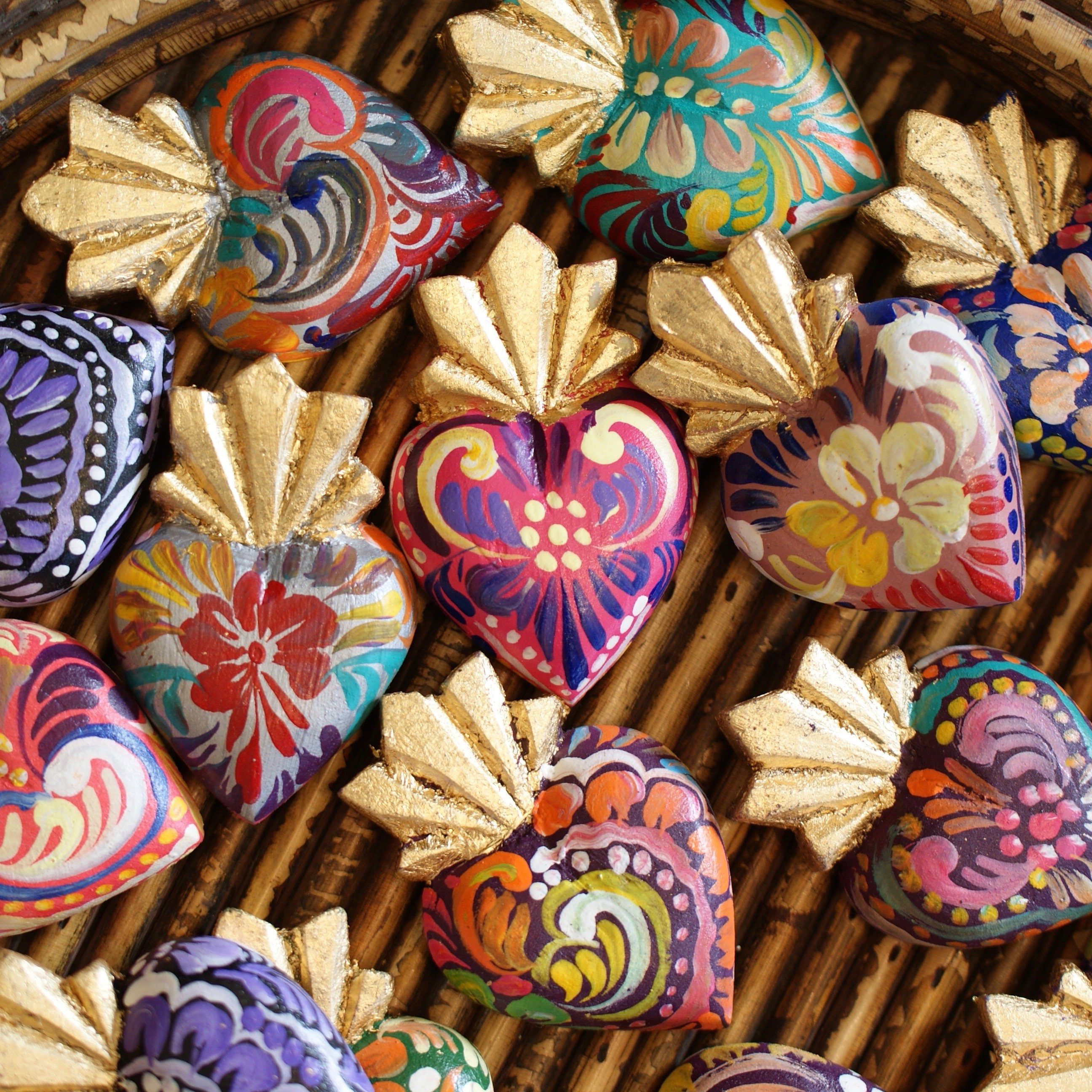 Tiny Painted Wooden Sacred Hearts religious Zinnia Folk Arts   