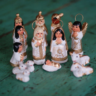 Tonalá 14 Piece Clay Nativity Set, 2 Sizes Christmas Zinnia Folk Arts Large White with Gold  
