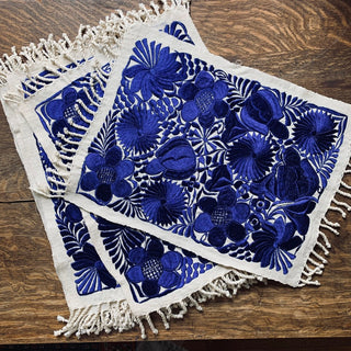 Vibrant Mexican Machine-Embroidered Placemats Textile Zinnia Folk Arts Dark Blue on Off-white  