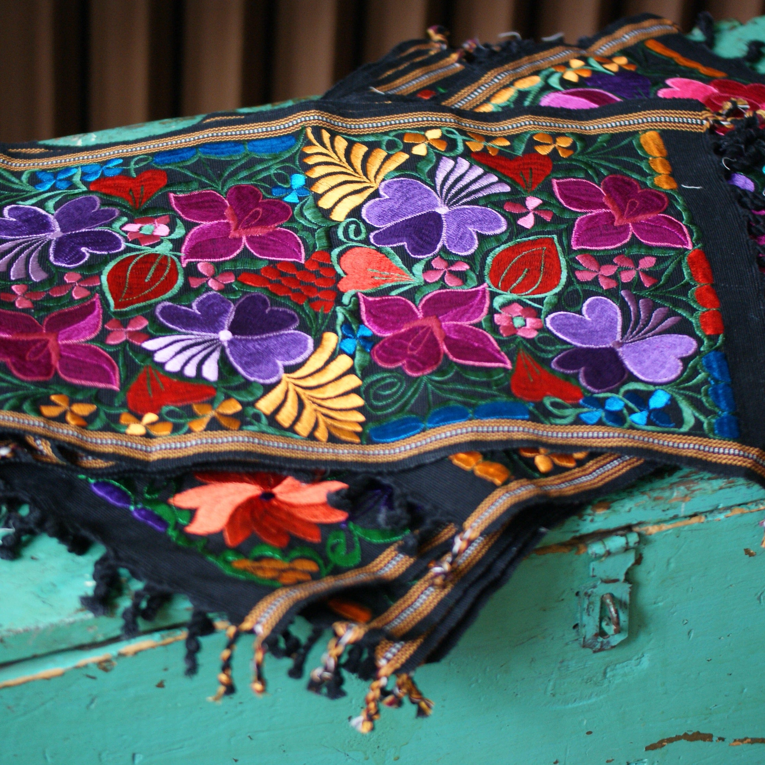 Vibrant Mexican Machine-Embroidered Placemats Textile Zinnia Folk Arts Multi-Color on Black 19.5" long  