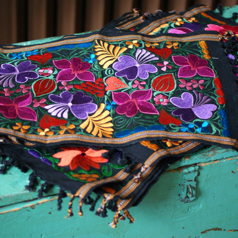 Vibrant Mexican Machine-Embroidered Placemats Textile Zinnia Folk Arts Multi-Color on Black 19.5" long  