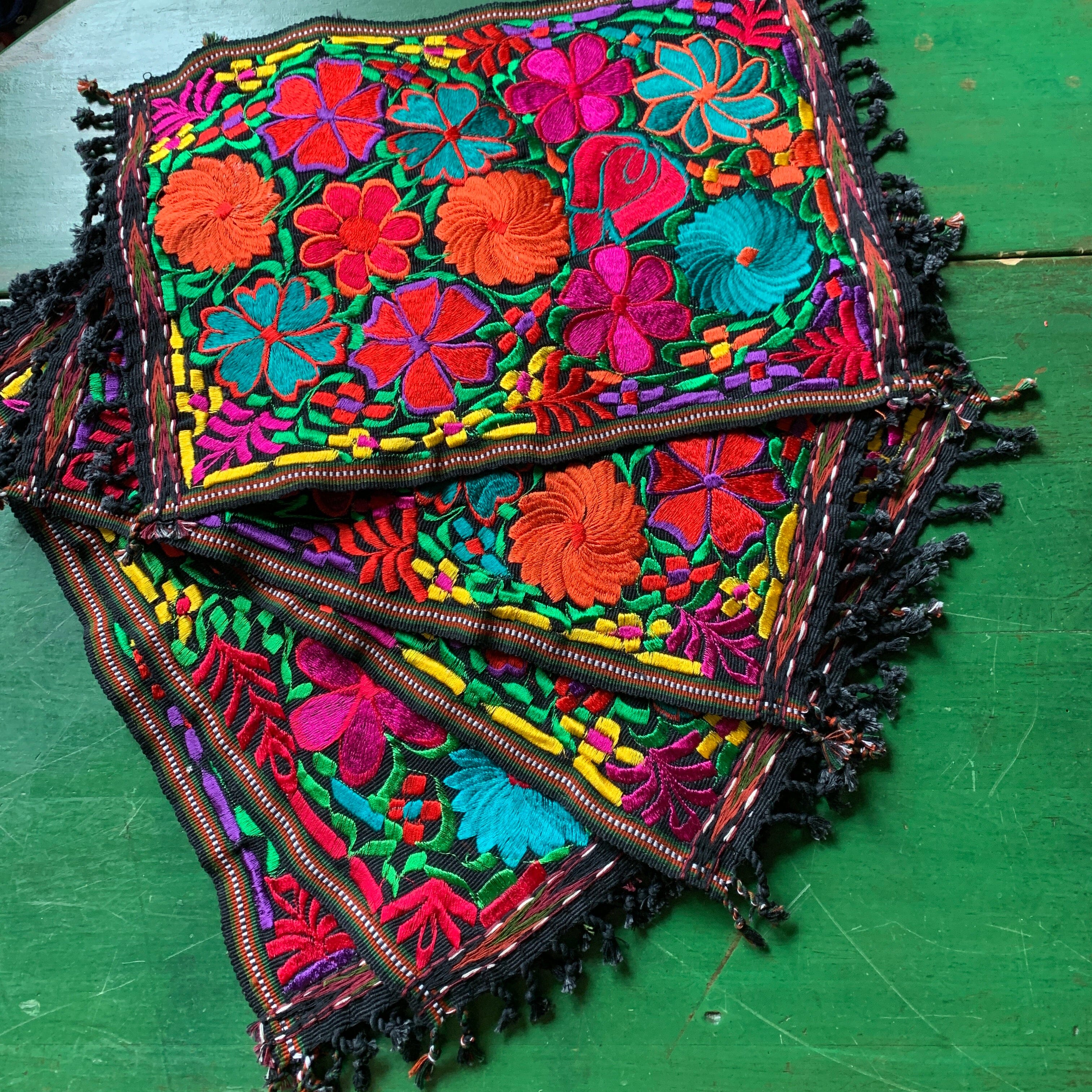 Vibrant Mexican Machine-Embroidered Placemats Textile Zinnia Folk Arts Multi-Color on Black 18" Long  