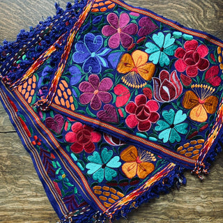Vibrant Mexican Machine-Embroidered Placemats Textile Zinnia Folk Arts Multi-color on Dark Blue  