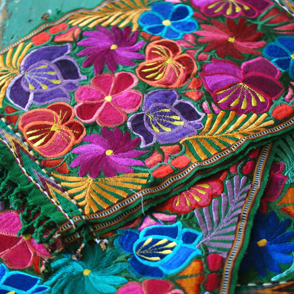 Vibrant Mexican Machine-Embroidered Placemats Textile Zinnia Folk Arts Multi-color on Dark Green  
