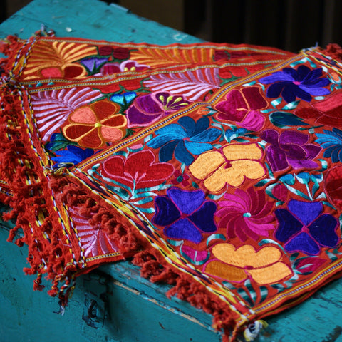 Vibrant Mexican Machine-Embroidered Placemats Textile Zinnia Folk Arts Multi-Color on Dark Orange  