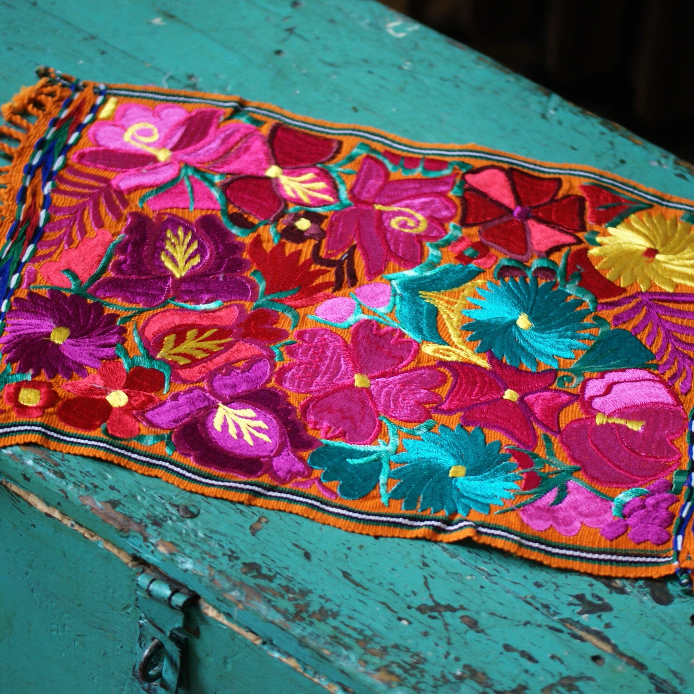 Vibrant Mexican Machine-Embroidered Placemats Textile Zinnia Folk Arts Multi-Color on Light Orange  