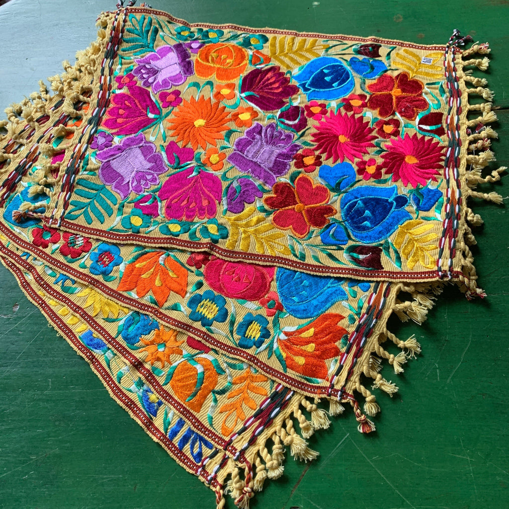 Vibrant Mexican Machine-Embroidered Placemats Textile Zinnia Folk Arts Multi-Color on Light Yellow  