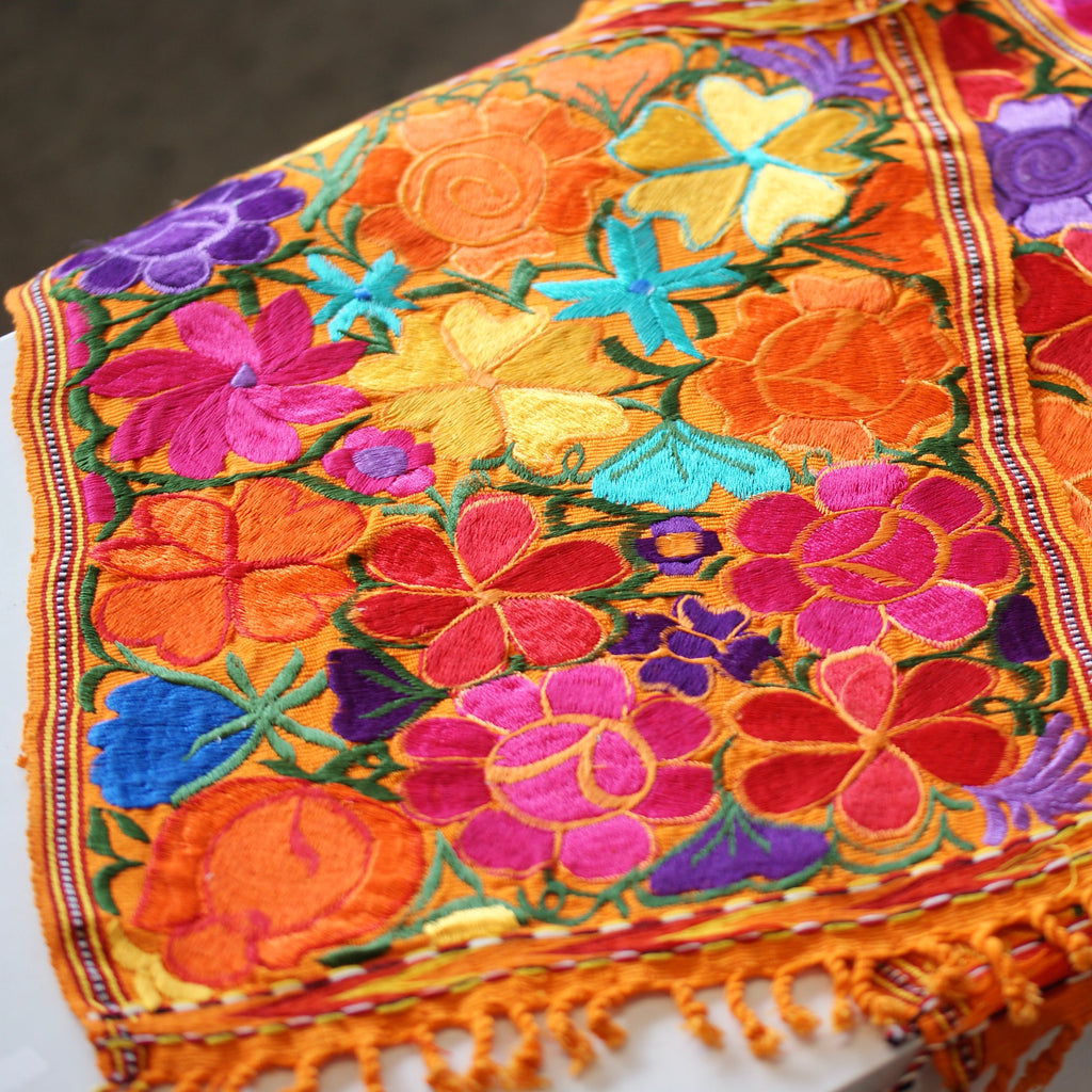 Vibrant Mexican Machine-Embroidered Placemats Textile Zinnia Folk Arts Multi-Color on Orange  