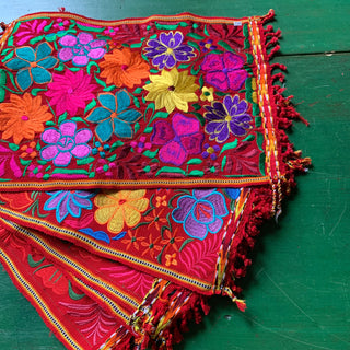 Vibrant Mexican Machine-Embroidered Placemats Textile Zinnia Folk Arts Multi-Color on Red  