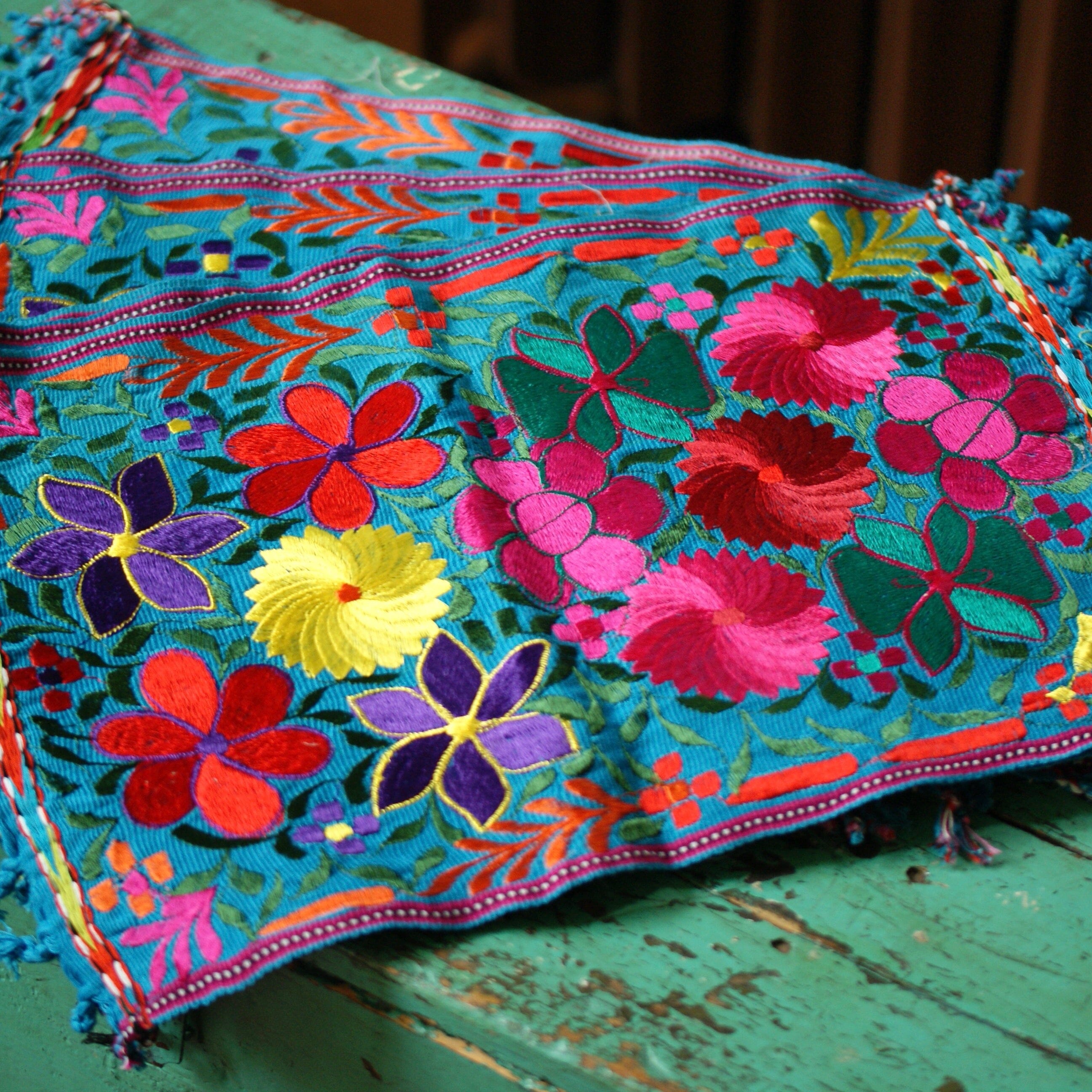 Vibrant Mexican Machine-Embroidered Placemats Textile Zinnia Folk Arts Multi-color on Turquoise  