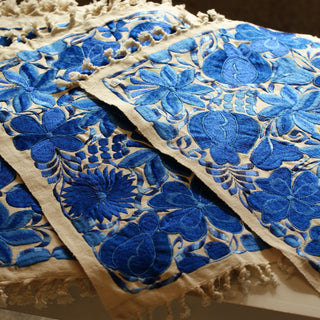 Vibrant Mexican Machine-Embroidered Placemats Textile Zinnia Folk Arts Various Blues on Off-White  