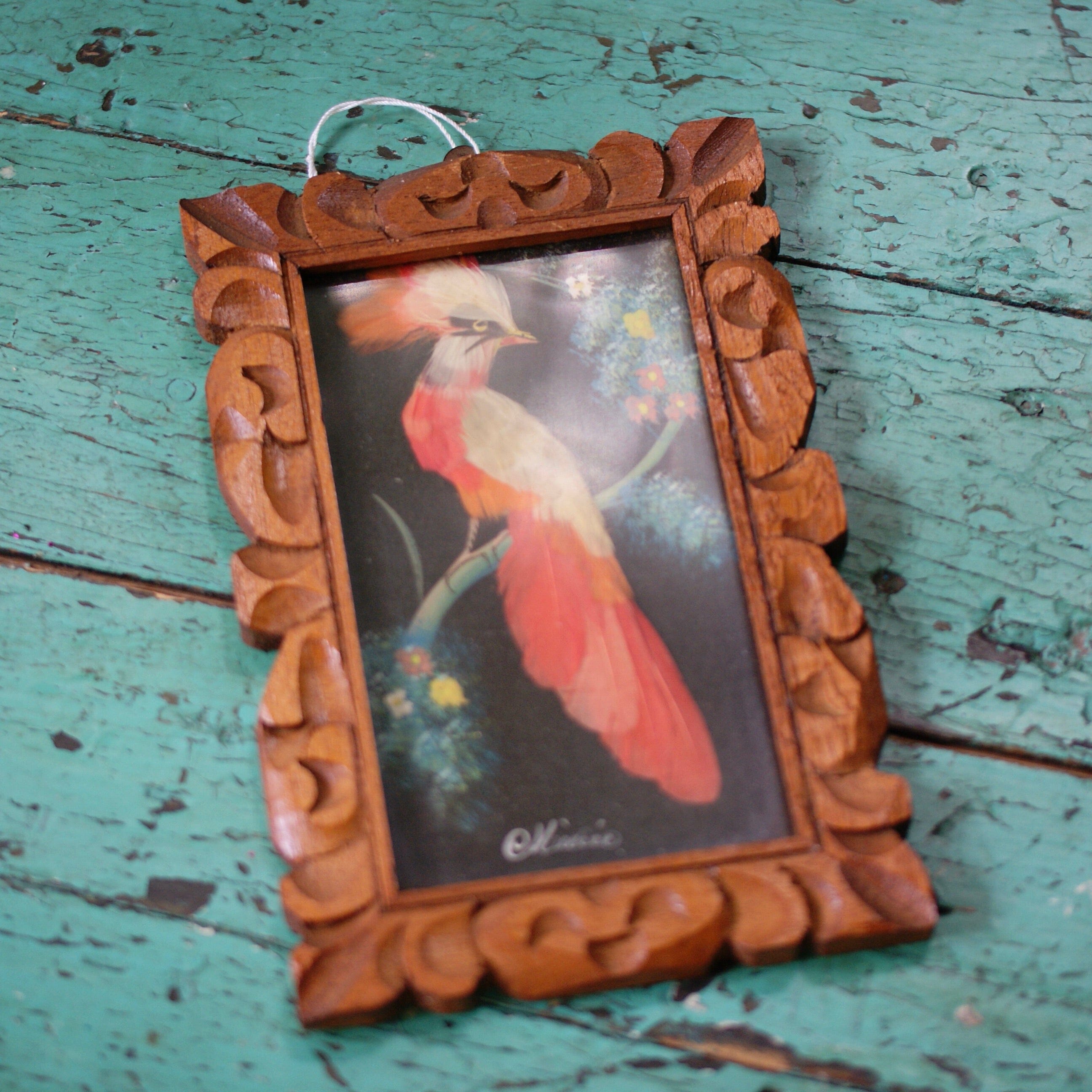 Set of Two Vintage Feather Paintings  Zinnia Folk Arts   