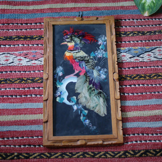 Vintage Feather Paintings  Zinnia Folk Arts Black background #3 without glass  