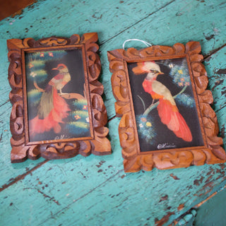 Vintage Feather Paintings Zinnia Folk Arts Set of Two Small Feather Paintings on Black Background 