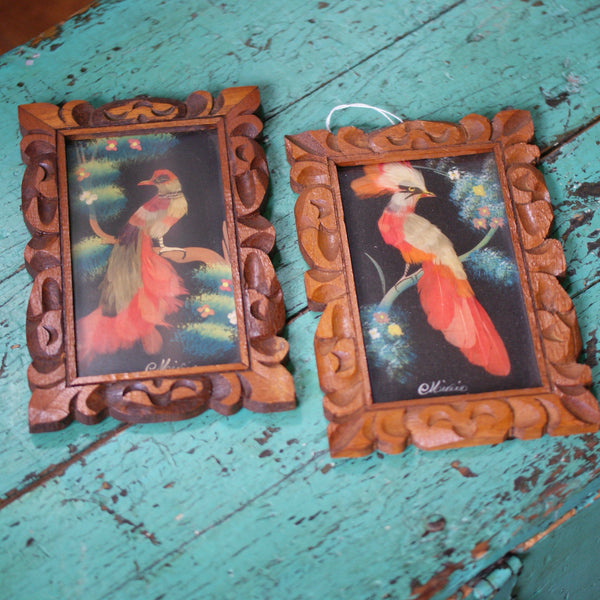 Vintage Mexican Folk Art Bird Paintings made with Feathers. Est. outlets 1940s