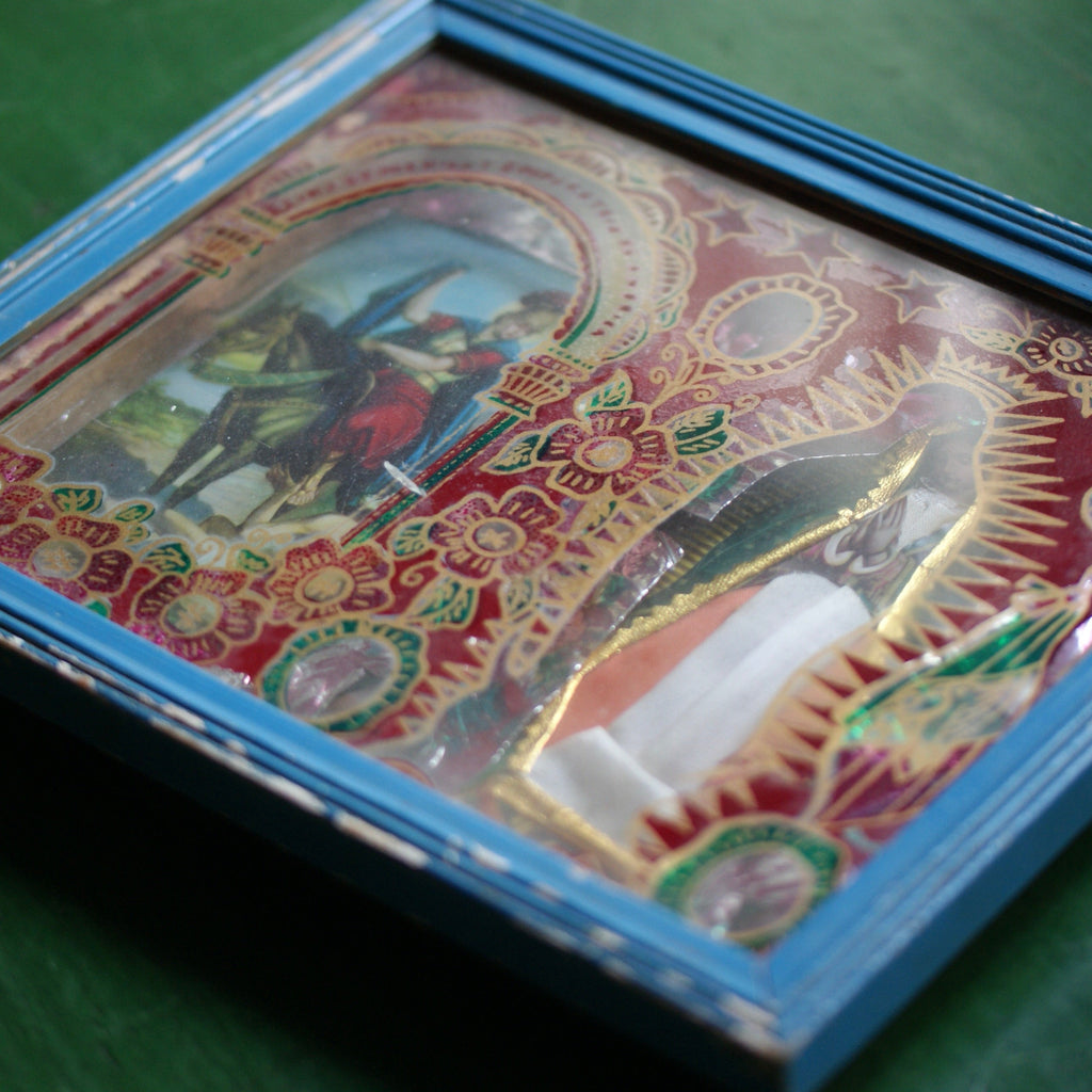Vintage Religious Nicho Boxes religious Zinnia Folk Arts Blue Frame  