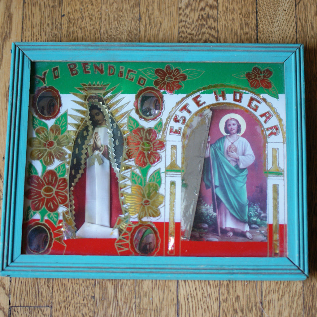 Vintage Religious Nicho Boxes religious Zinnia Folk Arts Green Frame  