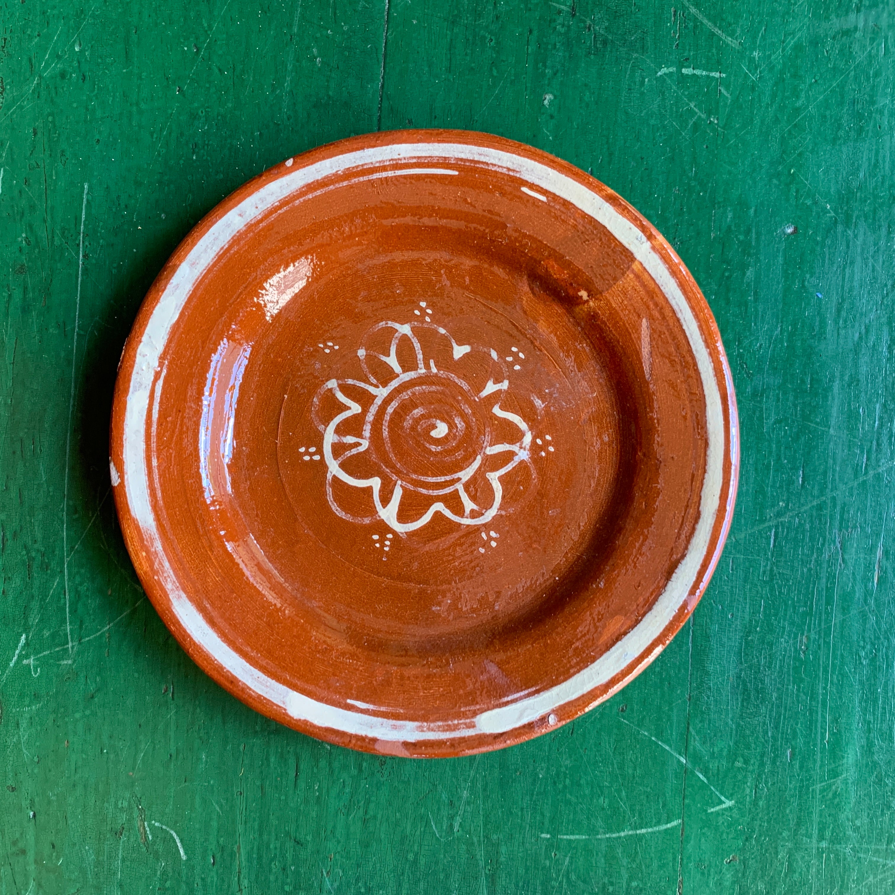 Vintage Tlaquepaque Small Plates on Redware  Zinnia Folk Arts Flower  