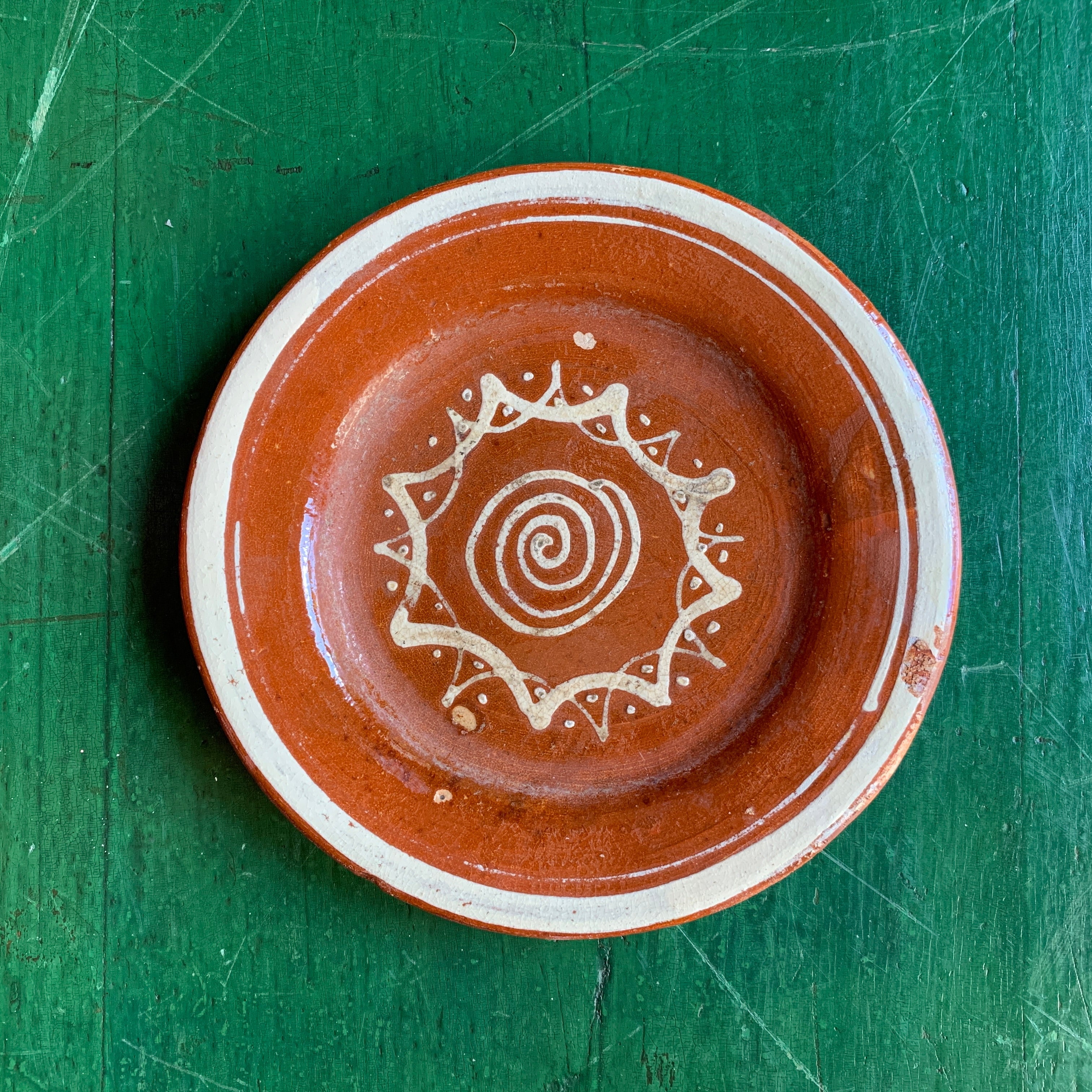 Vintage Tlaquepaque Small Plates on Redware  Zinnia Folk Arts Spiral  