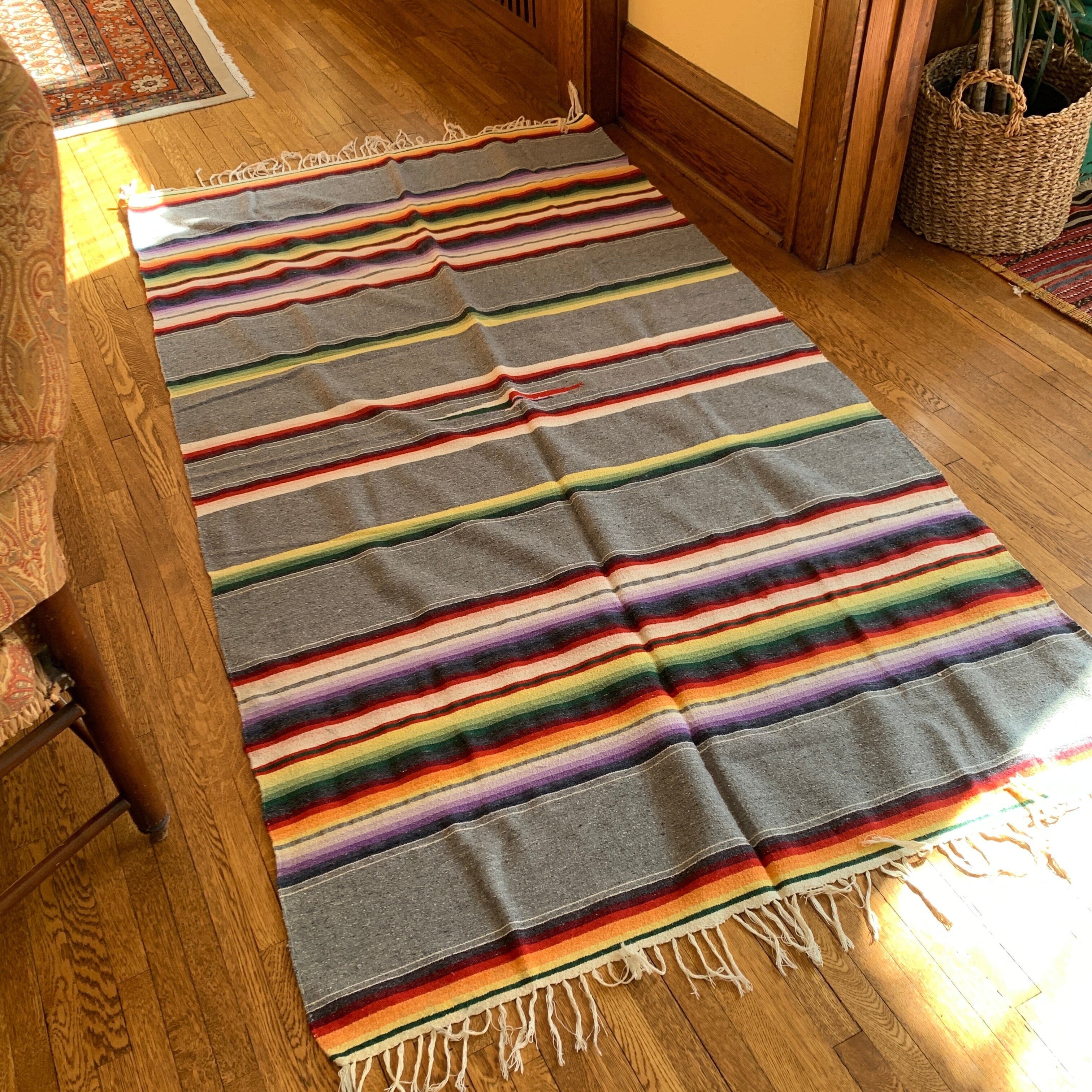 Vintage Wool/Cotton Blanket in the Saltillo Style, Gray Striped textiles Zinnia Folk Arts 