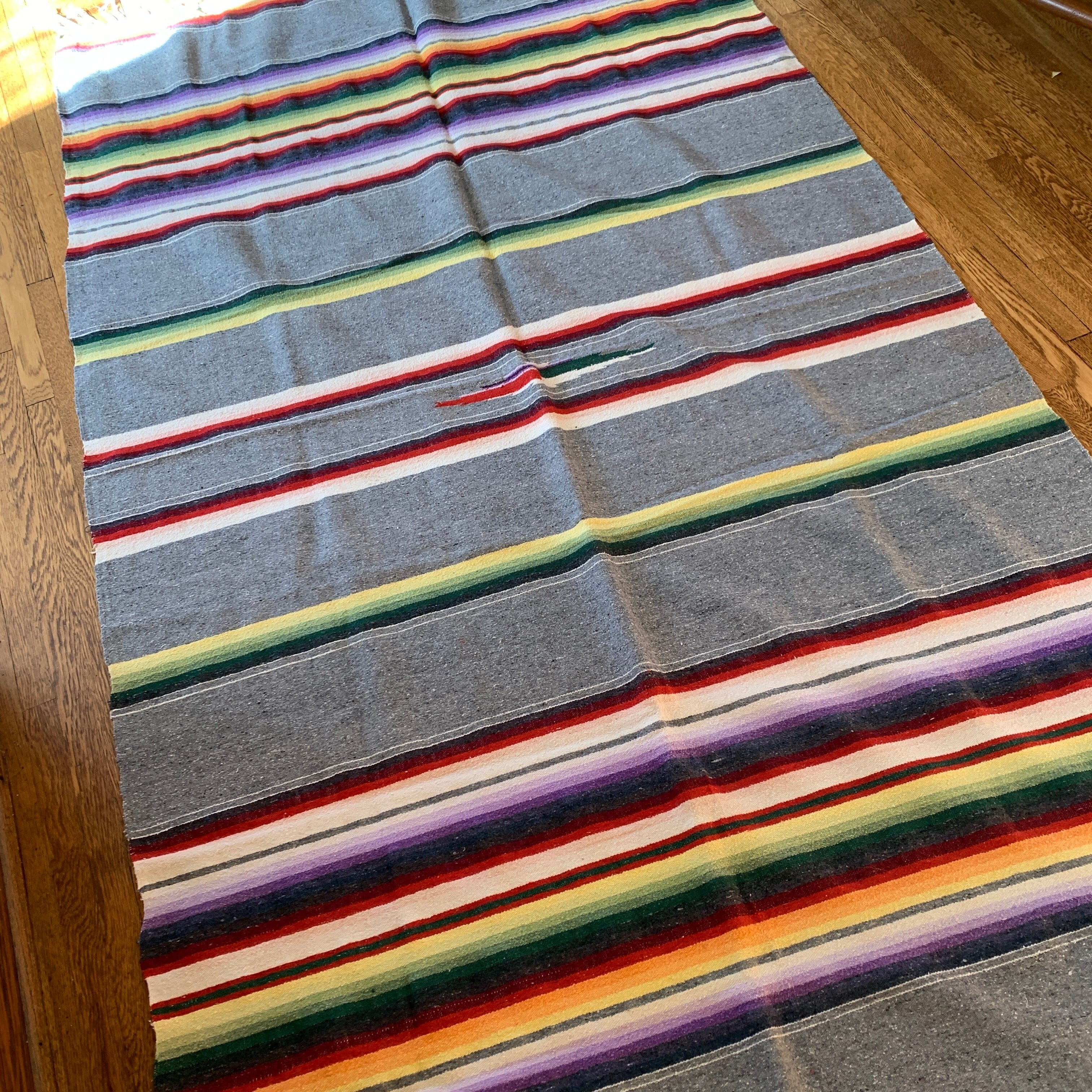 Vintage Wool/Cotton Blanket in the Saltillo Style, Gray Striped textiles Zinnia Folk Arts 
