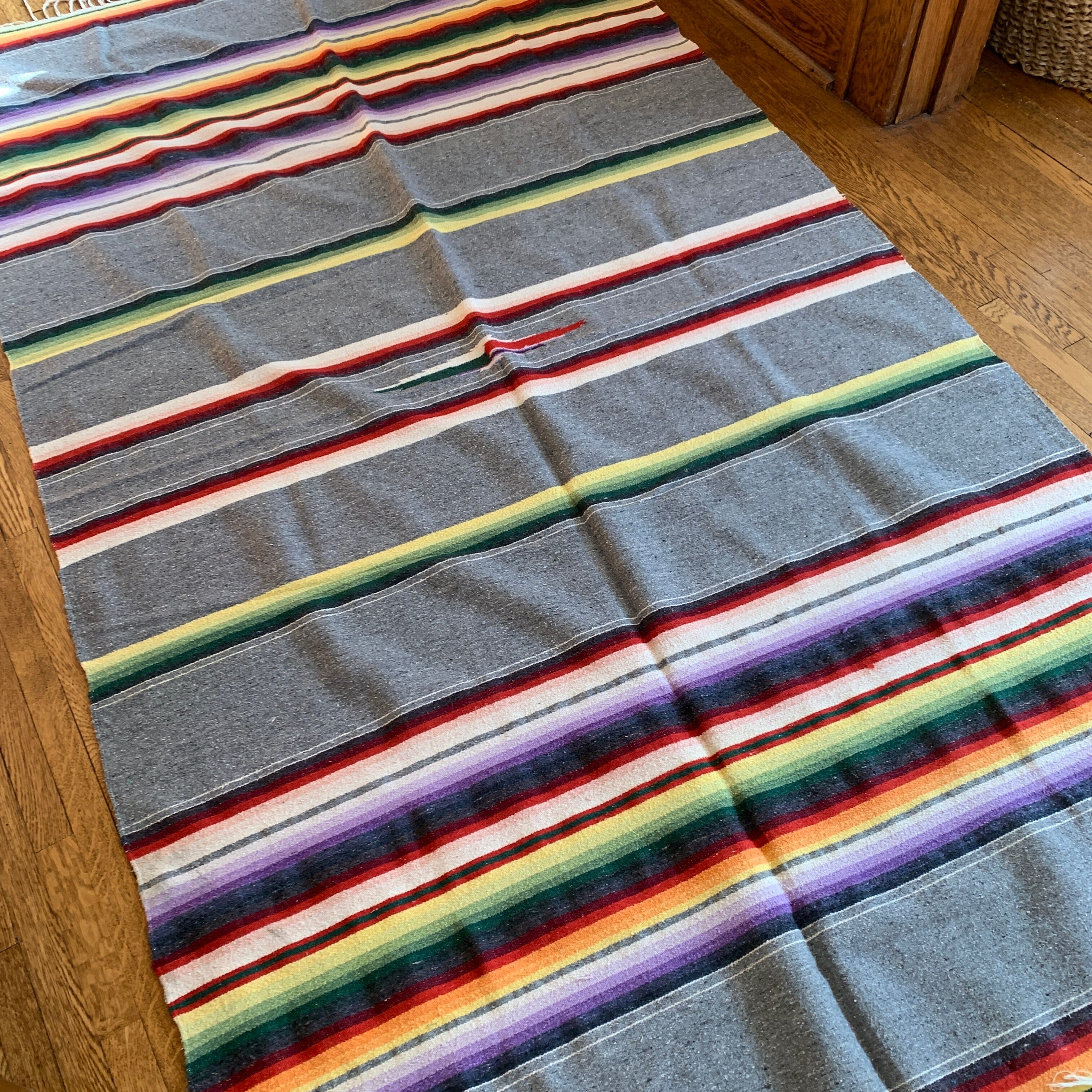 Vintage Wool/Cotton Blanket in the Saltillo Style, Gray Striped textiles Zinnia Folk Arts 