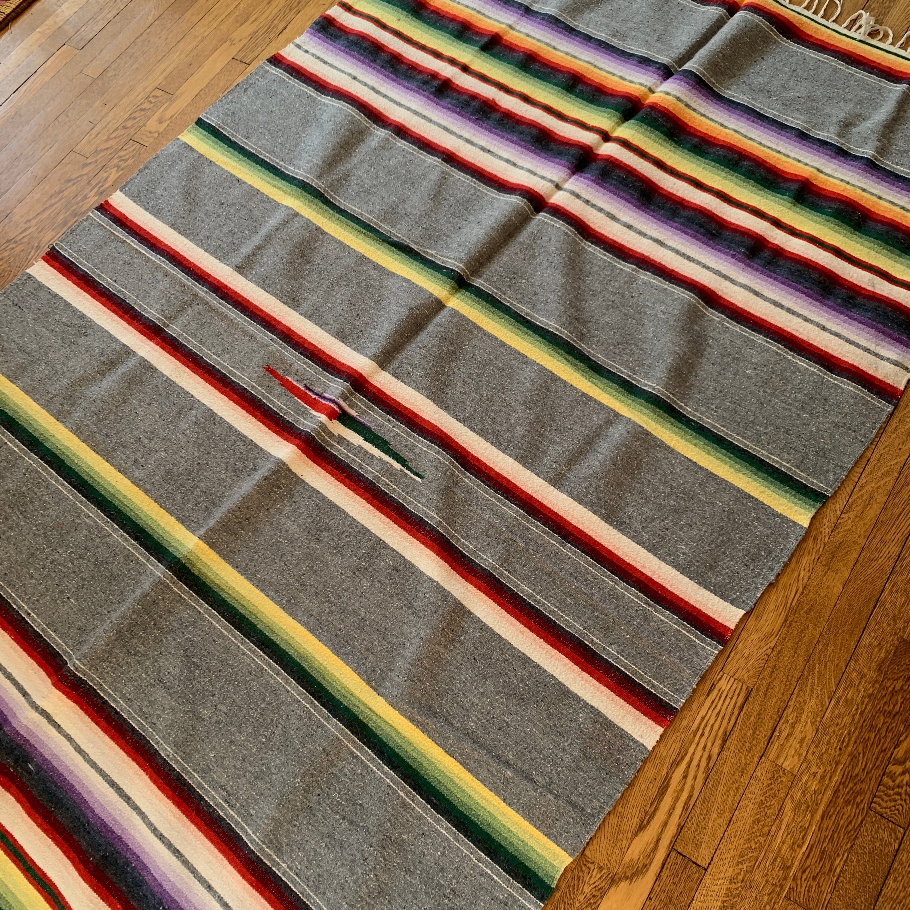 Vintage Wool/Cotton Blanket in the Saltillo Style, Gray Striped textiles Zinnia Folk Arts 