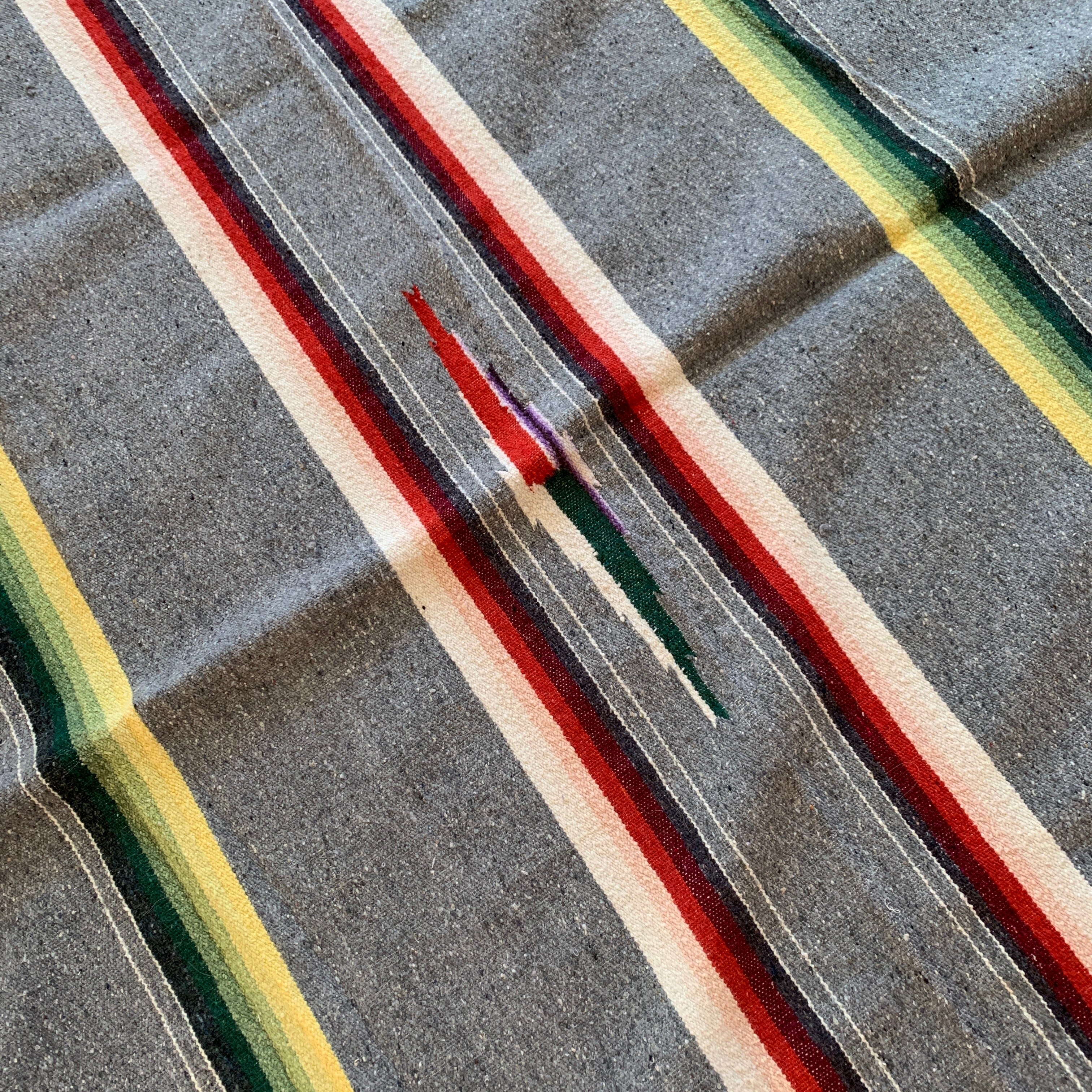 Vintage Wool/Cotton Blanket in the Saltillo Style, Gray Striped textiles Zinnia Folk Arts 