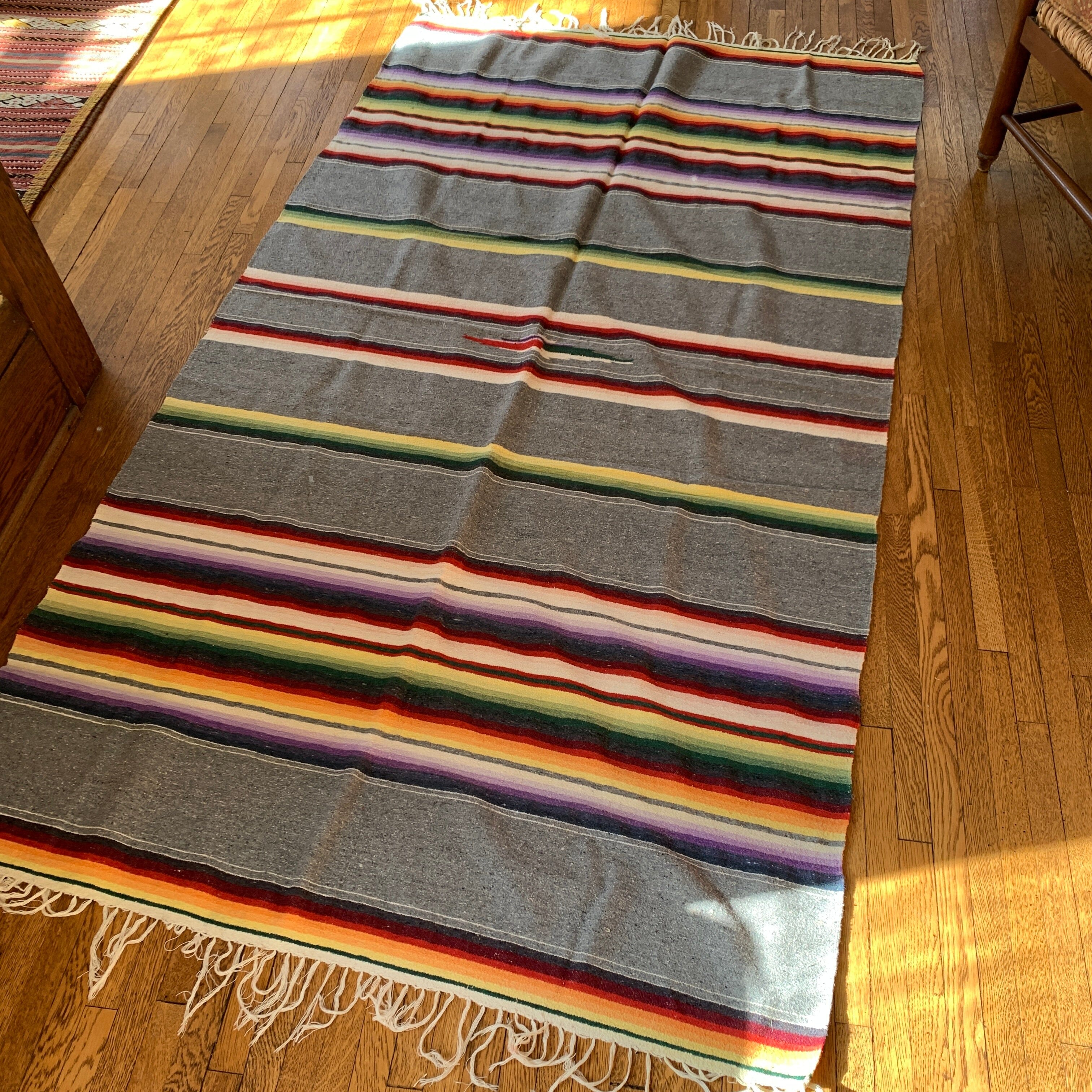 Vintage Wool/Cotton Blanket in the Saltillo Style, Gray Striped textiles Zinnia Folk Arts Gray with Stripes 
