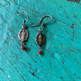 Virgen de Guadalupe with Bead, Silver Earrings Jewelry Zinnia Folk Arts   