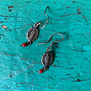 Virgen de Guadalupe with Bead, Silver Earrings Jewelry Zinnia Folk Arts Red Bead  