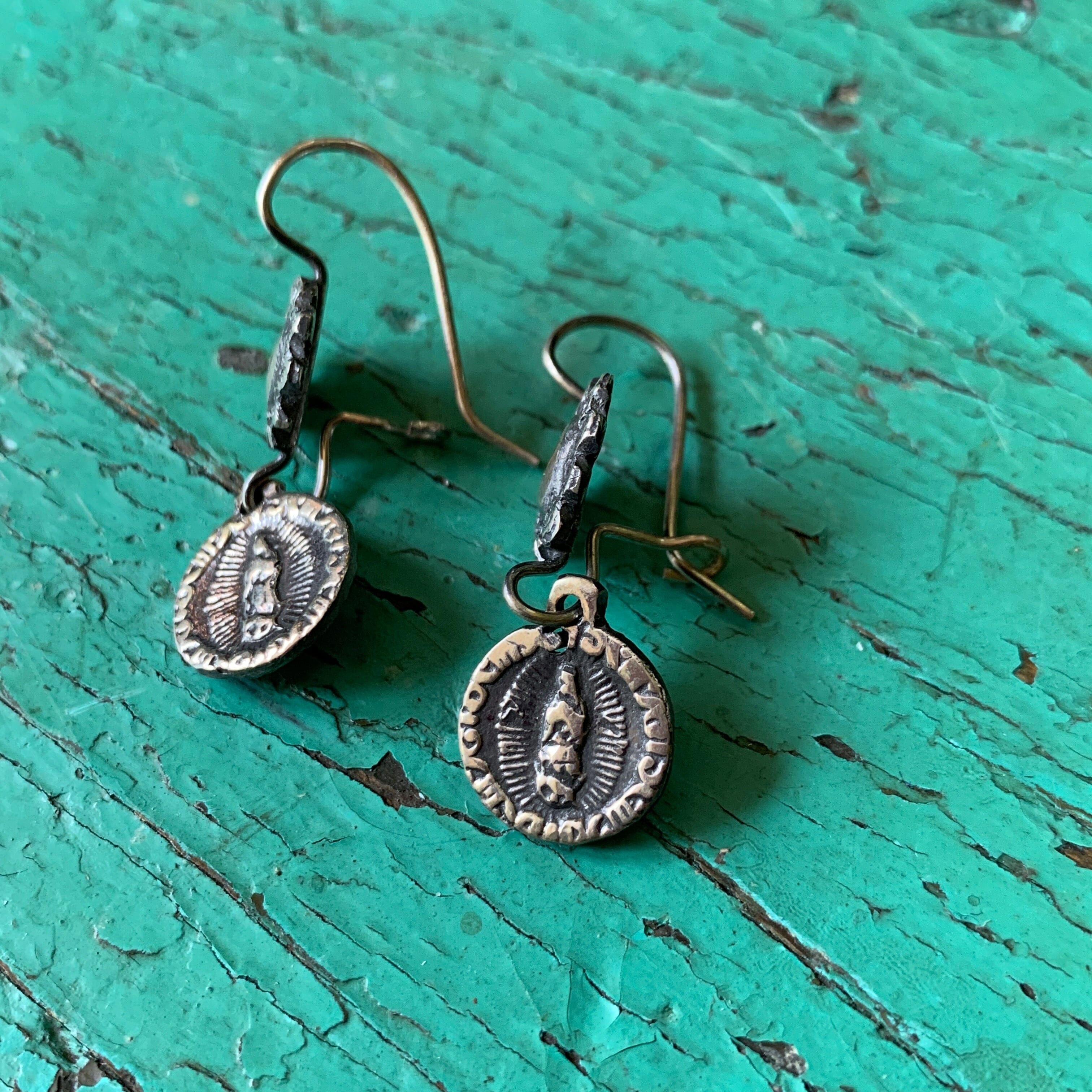 Virgen de Guadalupe with Hearts, Silver Earrings Jewelry Zinnia Folk Arts   