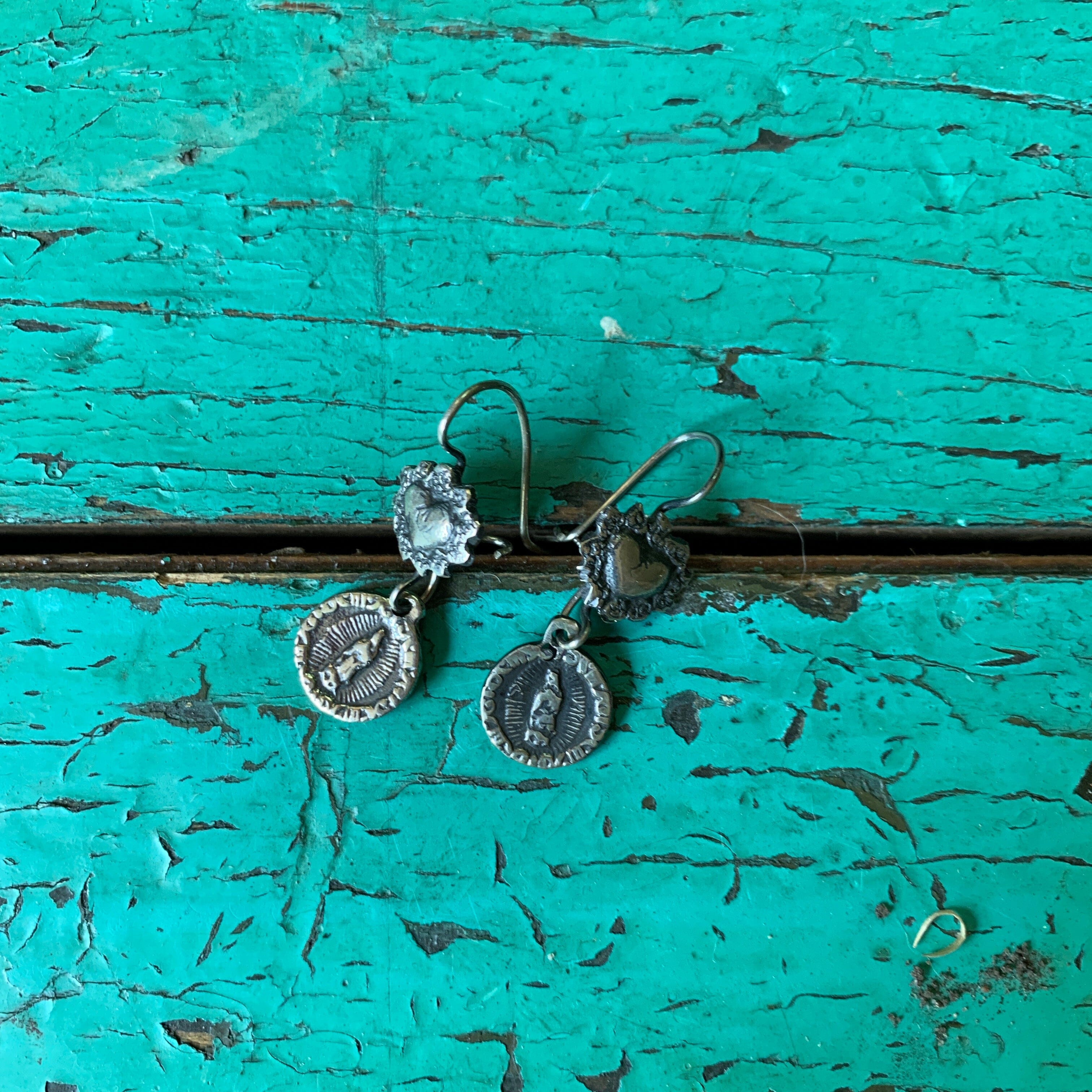 Virgen de Guadalupe with Hearts, Silver Earrings Jewelry Zinnia Folk Arts   