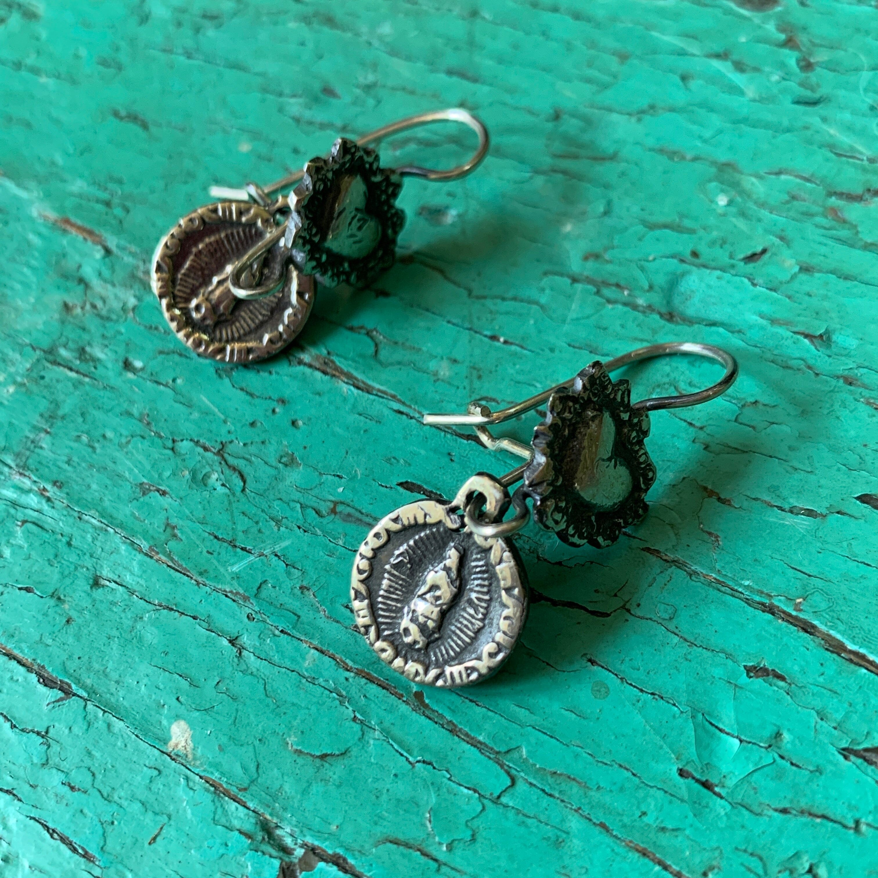 Virgen de Guadalupe with Hearts, Silver Earrings Jewelry Zinnia Folk Arts   