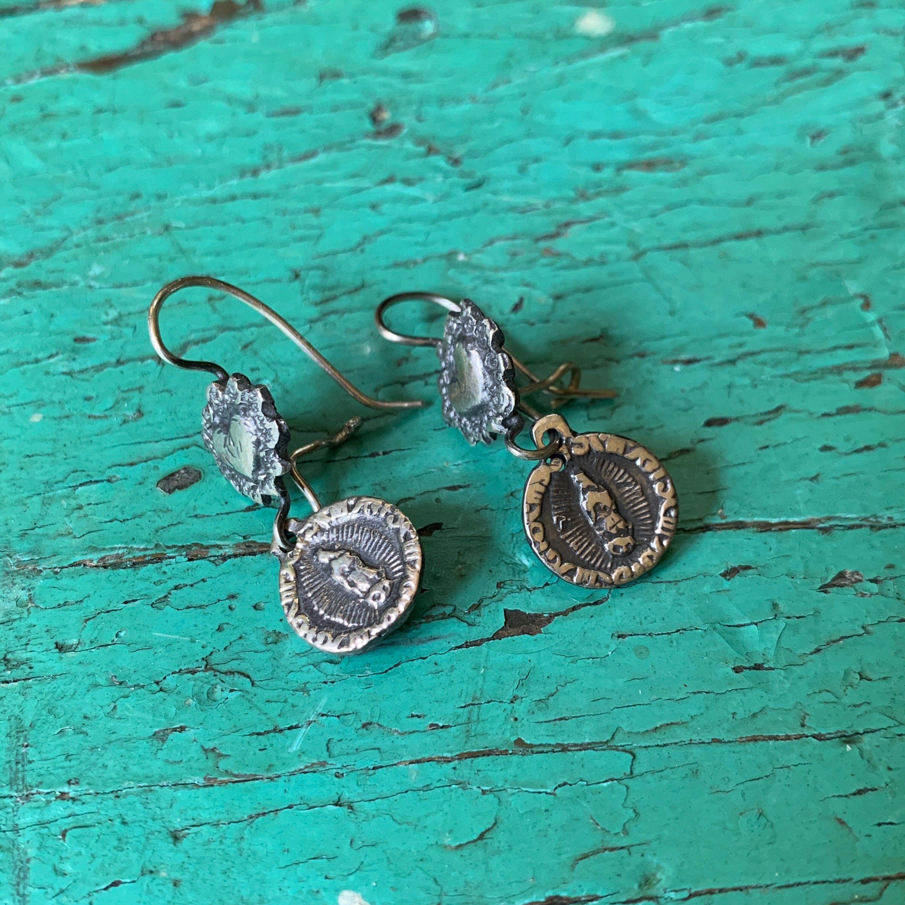 Virgen de Guadalupe with Hearts, Silver Earrings Jewelry Zinnia Folk Arts   