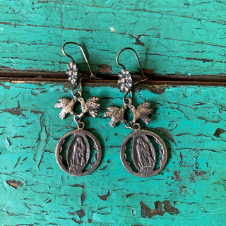 Virgen de Guadalupe with Lovebirds & Flowers, Silver Earrings Jewelry Zinnia Folk Arts   