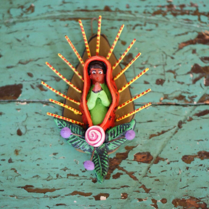 Virgin of Guadalupe Ocumicho Wall Hanging Guadalupe Zinnia Folk Arts Green Dress  