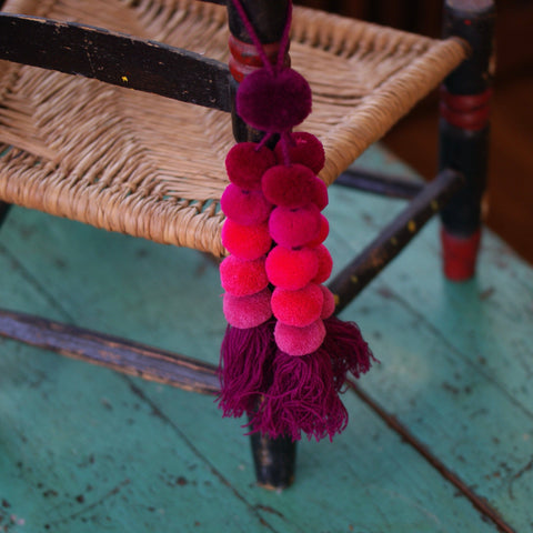 Wool Pompoms, Sets of Pom Poms with Tassel Textile Zinnia Folk Arts Pink and Purple Ombre  